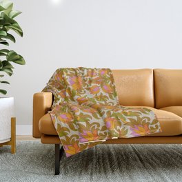Orange, Pink Flowers and Green Leaves 1960s Retro Vintage Pattern Throw Blanket