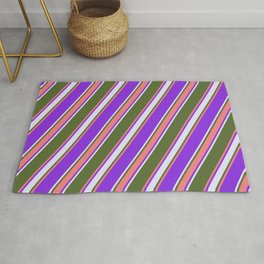 [ Thumbnail: Dark Olive Green, Light Coral, Purple & Lavender Colored Stripes/Lines Pattern Rug ]