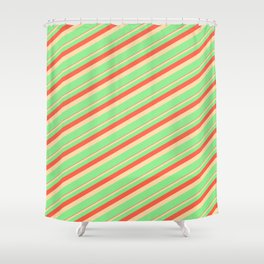 [ Thumbnail: Red, Tan & Light Green Colored Lines Pattern Shower Curtain ]