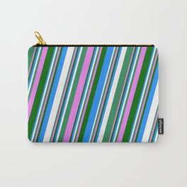 [ Thumbnail: Vibrant Sea Green, Violet, Dark Green, Blue, and White Colored Stripes/Lines Pattern Carry-All Pouch ]