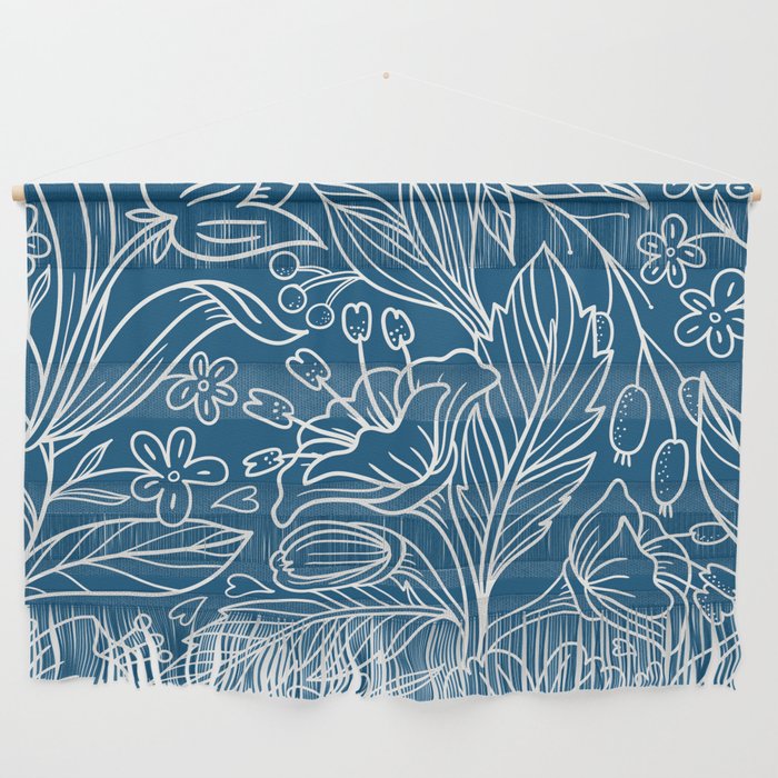 Leaves and flowers pattern on a dark blue background Wall Hanging