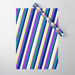 [ Thumbnail: Eyecatching Mint Cream, Tan, Purple, Dark Cyan, and Blue Colored Stripes/Lines Pattern Wrapping Paper ]
