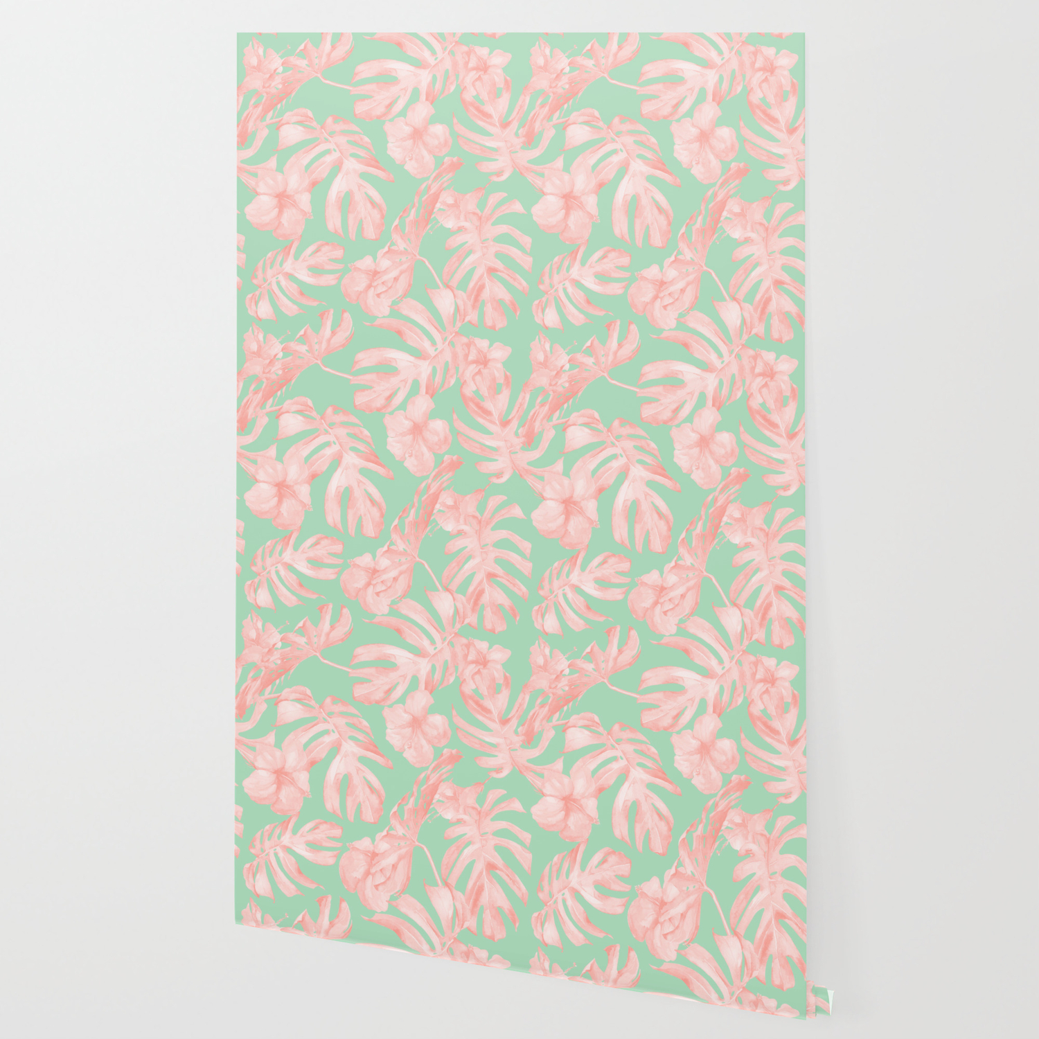 Tropical Palm Leaves Hibiscus Pink Mint Green Wallpaper By