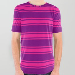 [ Thumbnail: Purple & Deep Pink Colored Lined/Striped Pattern All Over Graphic Tee ]