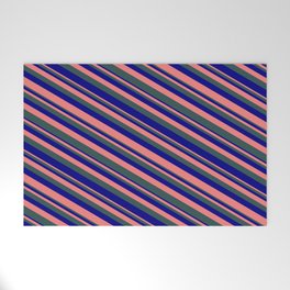 [ Thumbnail: Light Coral, Dark Slate Gray & Blue Colored Striped/Lined Pattern Welcome Mat ]
