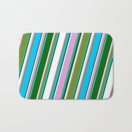 [ Thumbnail: Eye-catching Plum, Green, Deep Sky Blue, Dark Green, and White Colored Lined/Striped Pattern Bath Mat ]