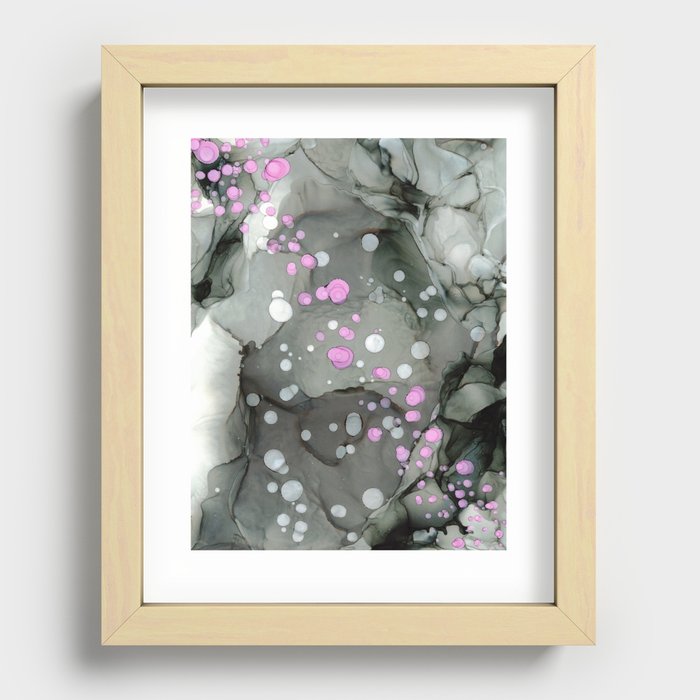 Charcoal with Pink dots Abstract 32622 Modern Alcohol Ink Painting by Herzart Recessed Framed Print