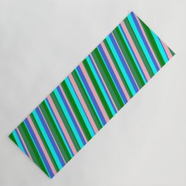 [ Thumbnail: Eye-catching Cyan, Royal Blue, Light Pink, Sea Green & Green Colored Striped Pattern Yoga Mat ]
