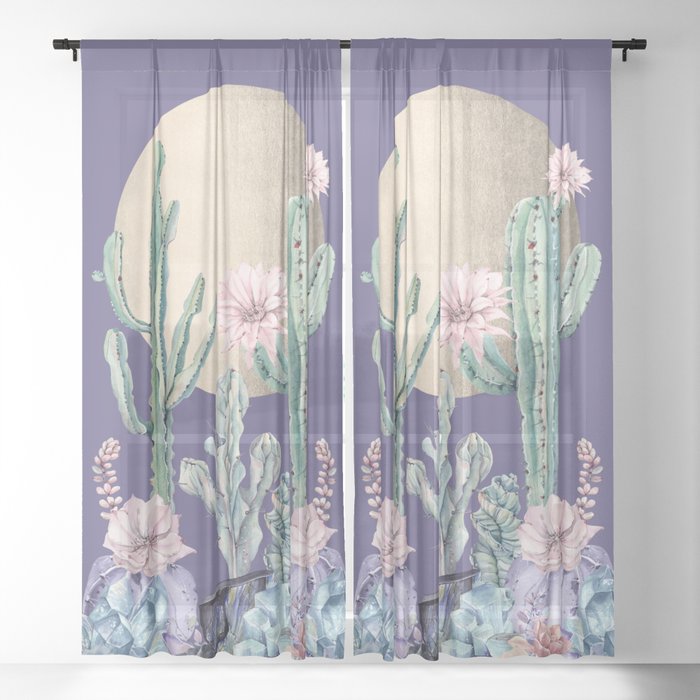 Desert Sun Cactus + Succulents Gold Deep Purple Sheer Curtain