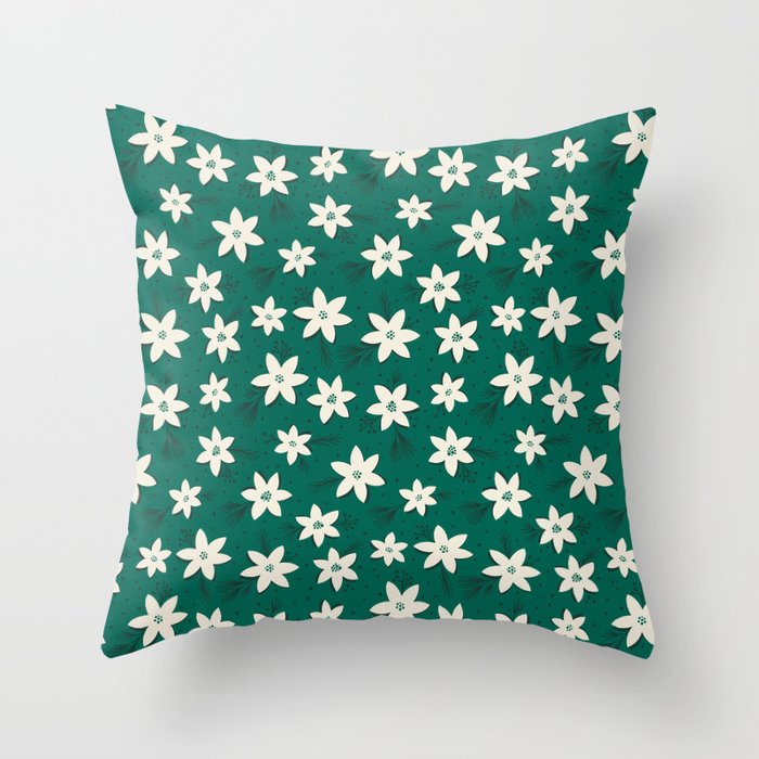 Green and White Poinsettias Throw Pillow