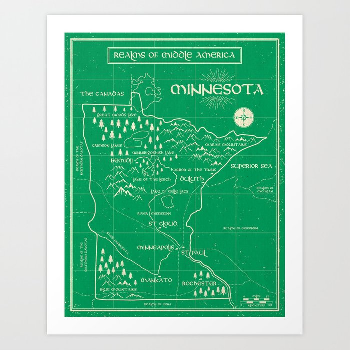 Fantasy Style Map of Minnesota - Green Art Print