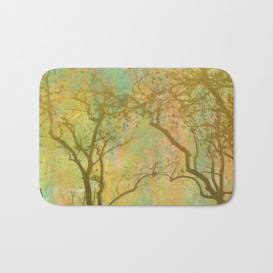 Golden Tree Silhouette, Rainbow Color Background Bath Mat