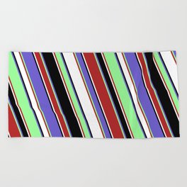 [ Thumbnail: Vibrant Green, Red, White, Black & Slate Blue Colored Lined Pattern Beach Towel ]