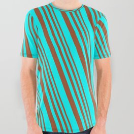 [ Thumbnail: Sienna and Cyan Colored Lined/Striped Pattern All Over Graphic Tee ]