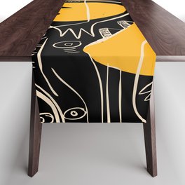 Abstract Floral Graffiti Street Art in Yellow Orange Black and White Table Runner