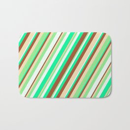 [ Thumbnail: Eye-catching Green, Sienna, Tan, Light Green, and Mint Cream Colored Striped/Lined Pattern Bath Mat ]
