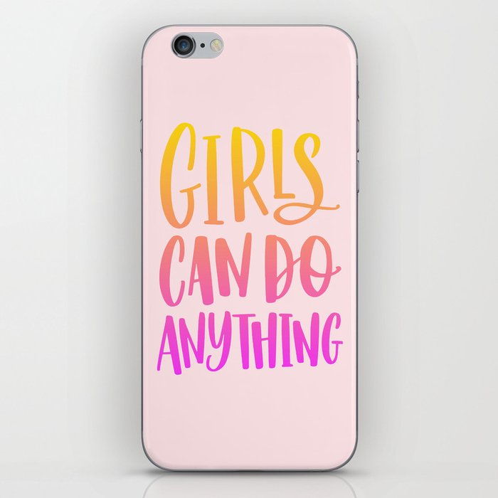 girls can do anything- typography- yellow to pink gradient on light pink iPhone Skin