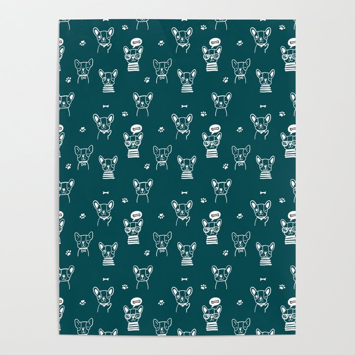 Teal Blue and White Hand Drawn Dog Puppy Pattern Poster