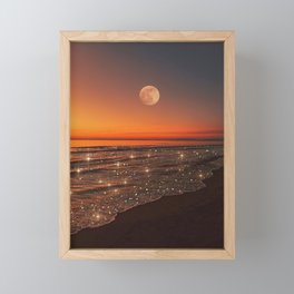SUNSET WITH A FULL MOON | collage | nature | warm | ocean | sea | glitter | glow | waves | sky bling Framed Mini Art Print