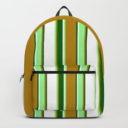 [ Thumbnail: Dark Goldenrod, Green, White & Dark Green Colored Striped Pattern Backpack ]