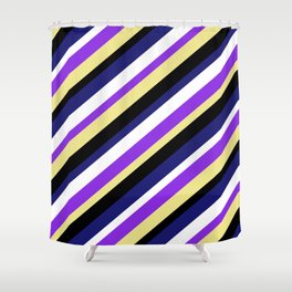 [ Thumbnail: Colorful Purple, Tan, Black, Midnight Blue, and White Colored Striped/Lined Pattern Shower Curtain ]