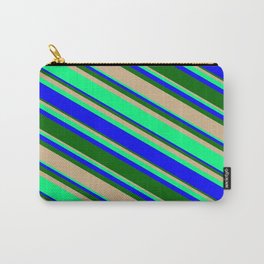 [ Thumbnail: Tan, Green, Blue, and Dark Green Colored Lines/Stripes Pattern Carry-All Pouch ]