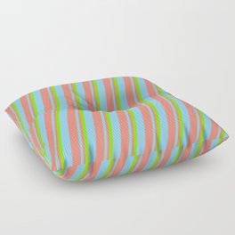 [ Thumbnail: Green, Sky Blue & Salmon Colored Pattern of Stripes Floor Pillow ]