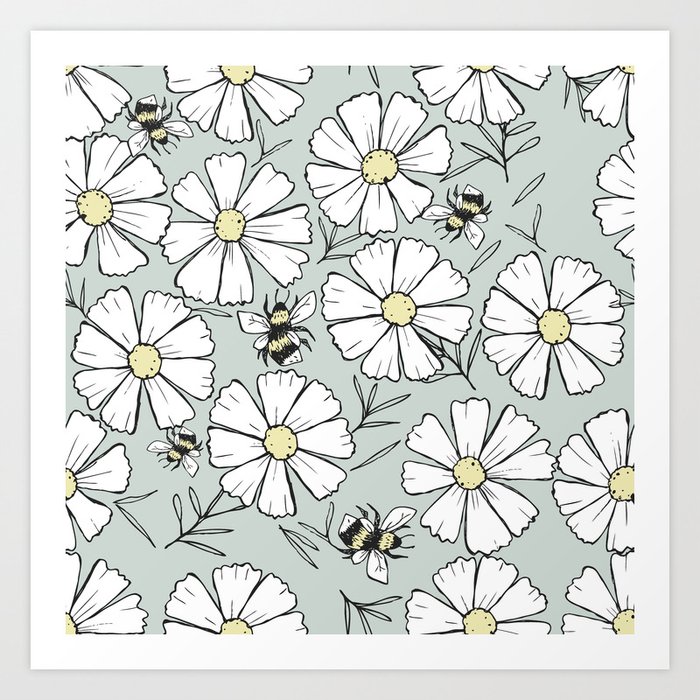 Bees And Cosmos Flowers Art Print