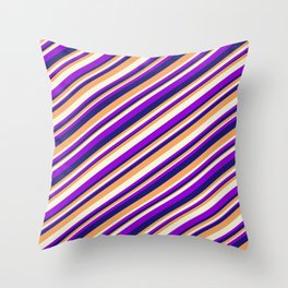 [ Thumbnail: Dark Violet, Midnight Blue, Brown, and Beige Colored Striped Pattern Throw Pillow ]