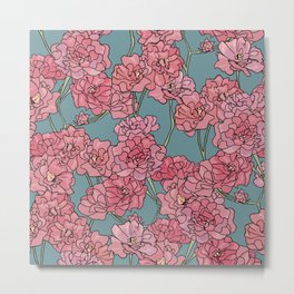 Pattern with pink damask roses on turquoise background Metal Print
