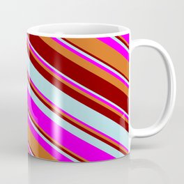 [ Thumbnail: Maroon, Powder Blue, Fuchsia, and Chocolate Colored Pattern of Stripes Coffee Mug ]