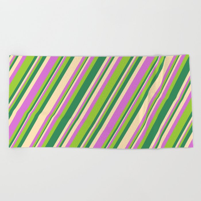 Orchid, Green, Sea Green, and Beige Colored Stripes Pattern Beach Towel