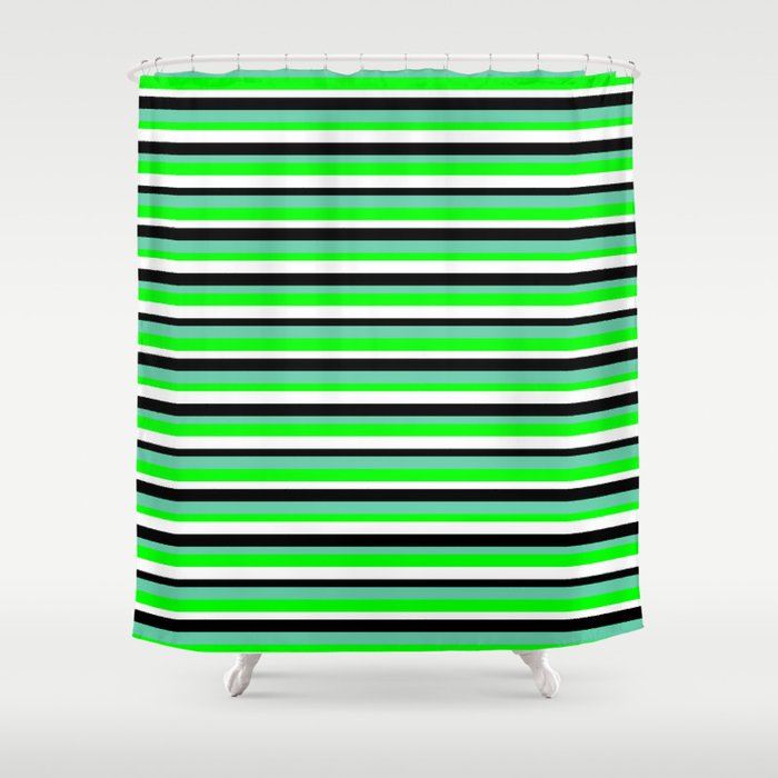 Aquamarine, Lime, White, and Black Colored Lined/Striped Pattern Shower Curtain