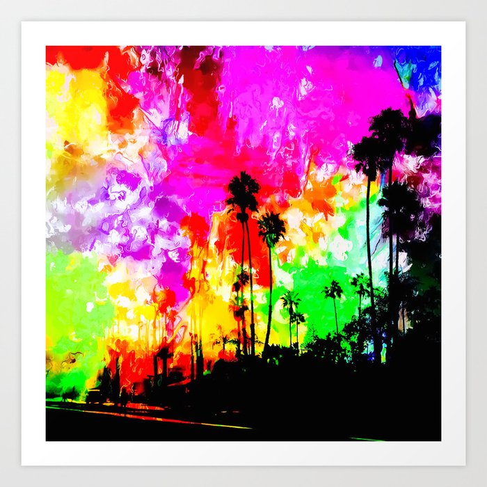 Palm Tree At The California Beach With Colorful Painting Abstract