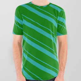 [ Thumbnail: Light Sea Green and Green Colored Stripes/Lines Pattern All Over Graphic Tee ]