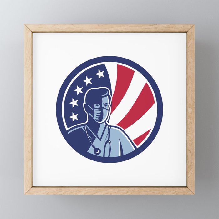 Male Nurse Wearing Surgical Mask USA Flag Mascot Framed Mini Art Print