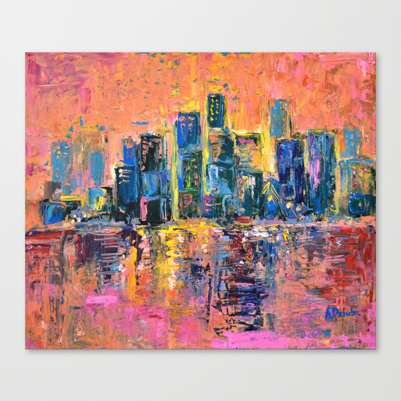 Pink Sky Abstract Painting New York City Skyline At Sunset