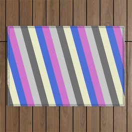 [ Thumbnail: Colorful Royal Blue, Light Yellow, Dim Grey, Light Grey & Orchid Colored Lines/Stripes Pattern Outdoor Rug ]