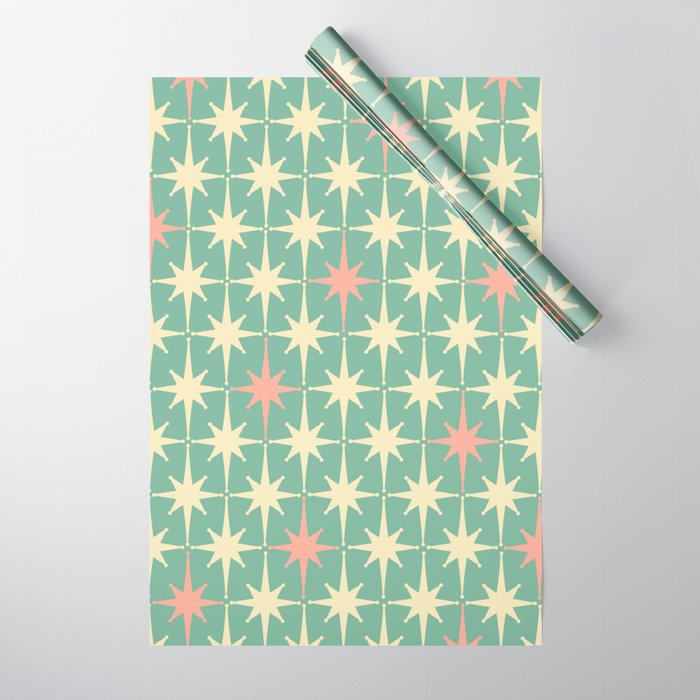 Retro Vintage 50s Stars Pattern in Teal Mint, Pink, and Cream Wrapping Paper