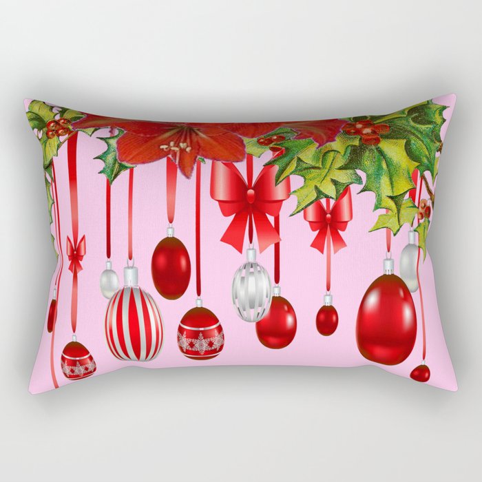 RED AMARYLLIS FLOWERS & HOLIDAY ORNAMENTS FLORAL Rectangular Pillow
