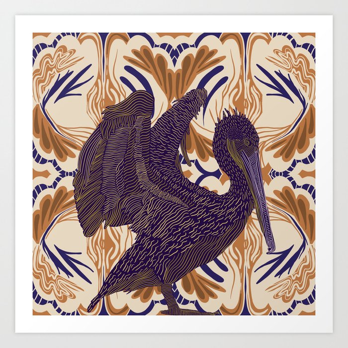 Open winged pelican bird on pattern background - purple Art Print