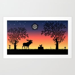 Moose and Squirrel Sunset Art Print