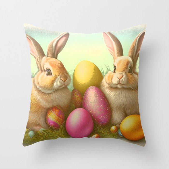 Easter Bunnies on the Grass Collection Throw Pillow