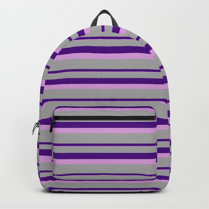 Dark Grey, Indigo, and Plum Colored Lined/Striped Pattern Backpack