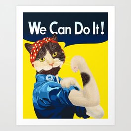 Rosie the Riveter Cat - We Can Do It! Art Print | Wecandoit, Catart, Rosietheriveter, Feminist, Drawing, Feministcat, Cat, Cats 