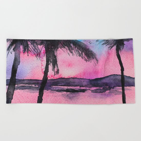 Tropical sunset || watercolor Beach Towel