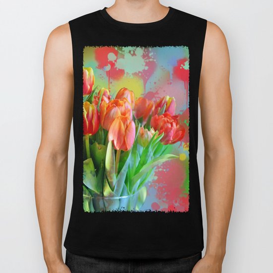 Painterly spring tulips on an abstract background Biker Tank