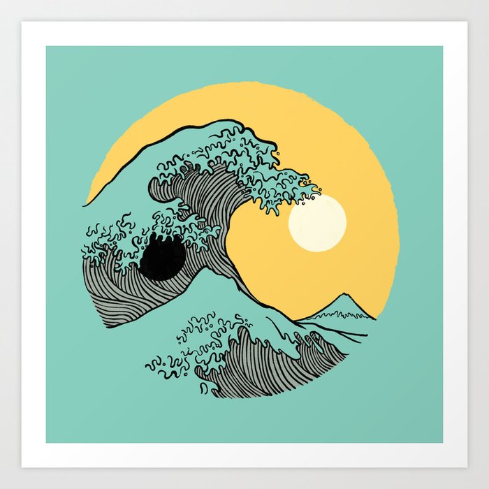 Yin yang 3b Turquoise Ocean moon and sun the great wave Art Print
