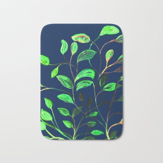 Greenery Spring leaves on Navy Blue Bath Mat