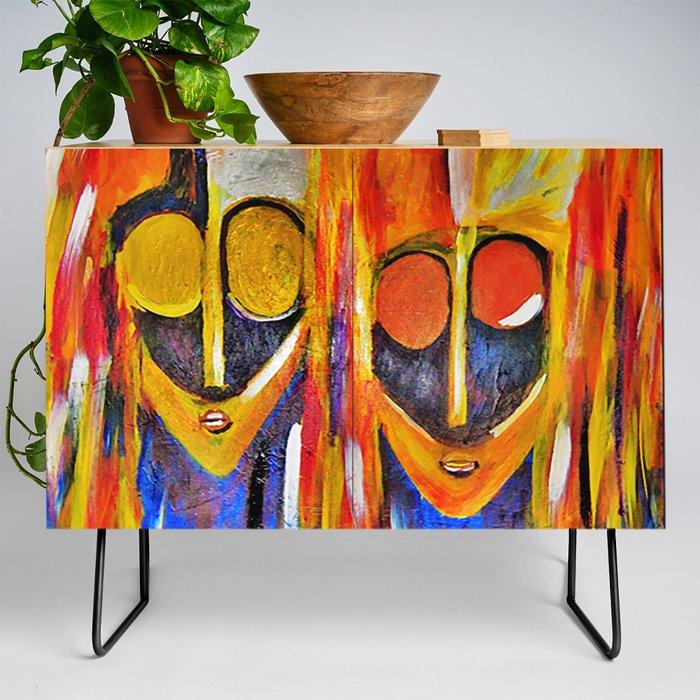 Two African Masquerade Masked Faces Credenza